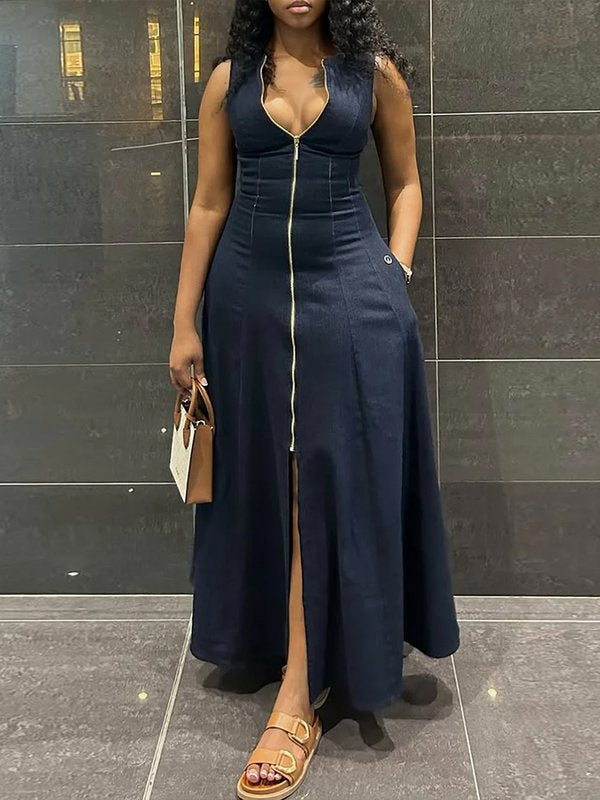 High Waisted Loose Solid Color Split-Front Zipper V-Neck Maxi Dresses
