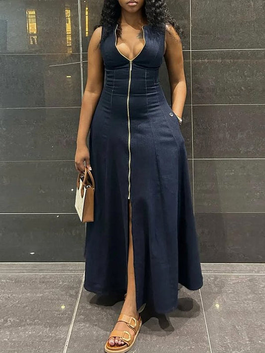 High Waisted Loose Solid Color Split-Front Zipper V-Neck Maxi Dresses