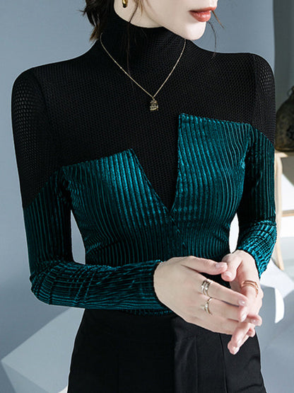 Long Sleeves Skinny Contrast Color Split-Joint High Neck T-Shirts Tops