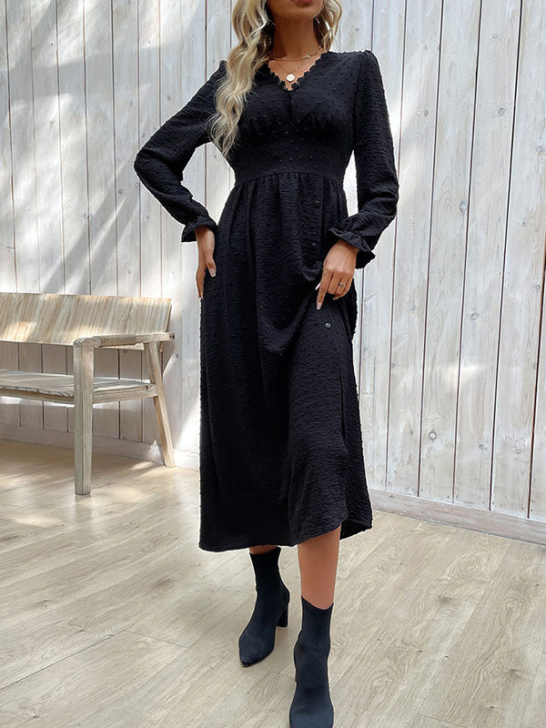 A-Line Long Sleeves Buttoned Elasticity Solid Color Split-Side V-Neck Midi Dresses
