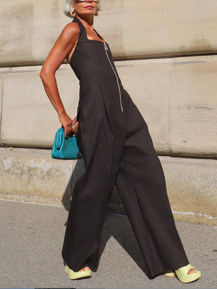 Sleeveless Wide Leg Solid Color Zipper Halter-Neck Jumpsuits