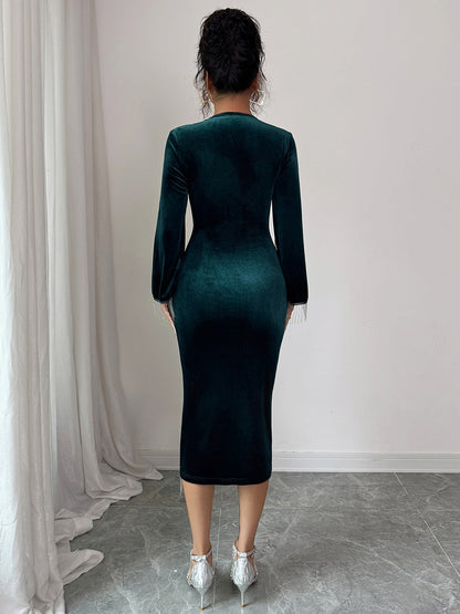 Bodycon High Waisted Asymmetric Split-Joint Tasseled Round-Neck Midi Dresses