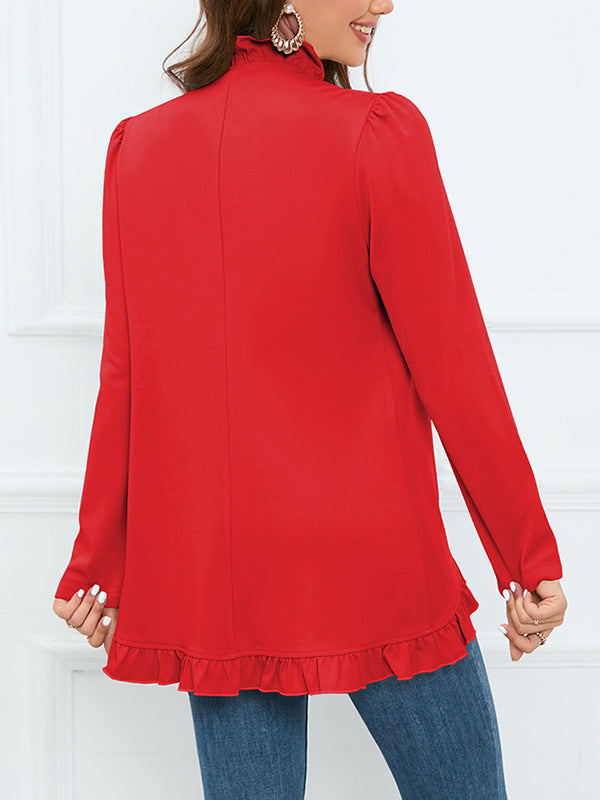 Long Sleeves Loose Buttoned Ruffled Collarless Outerwear