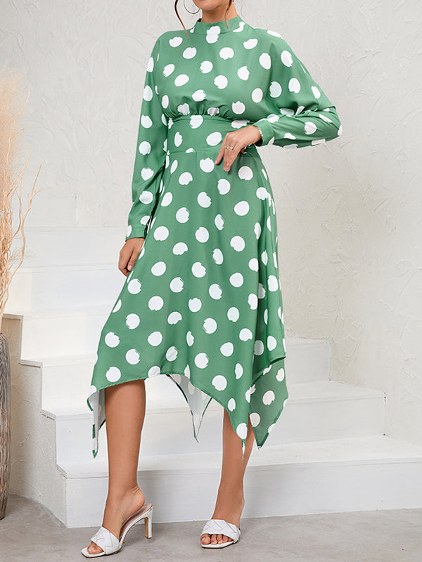 A-Line Long Sleeves Elasticity Hollow Polka-Dot Mock Neck Midi Dresses