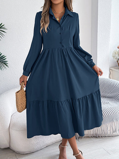 High Waisted Long Sleeves Pleated Ruffled Solid Color Lapel Midi Dresses Shirt Dress