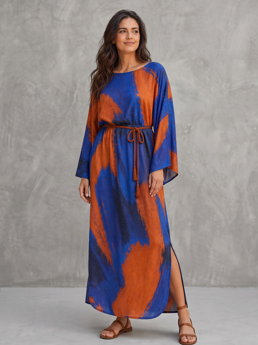 Tied Split-side Printed Contrast Color Loose Long Sleeves Round-neck Maxi Dresses