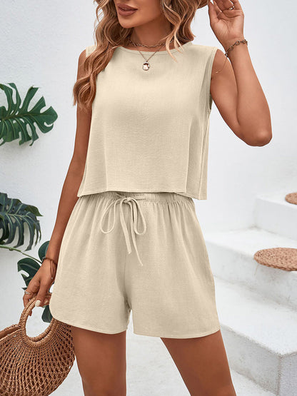 Loose Sleeveless Buttoned Drawstring Elasticity Pockets Solid Color Round-Neck Shorts Bottoms + Tank Top Two Pieces Set