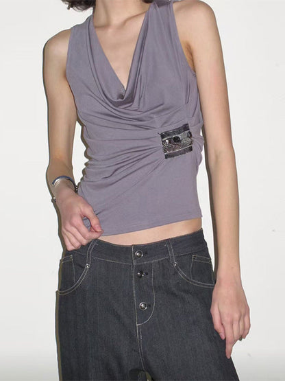 Loose Sleeveless Pleated Solid Color Heaps Collar Tank Top