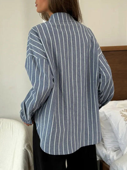 Long Sleeves Loose Buttoned Contrast Color Split-Joint Striped Lapel Blouses&Shirts Tops