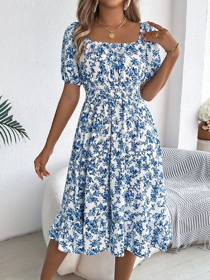 A-Line Short Sleeves Contrast Color Elasticity Flower Print Ruffle Trim Split-Joint Square-Neck Midi Dresses