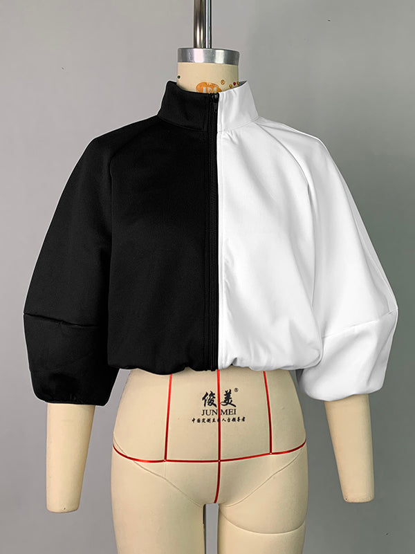 Loose Puff Sleeves Contrast Color Split-Joint Stand Collar Outerwear