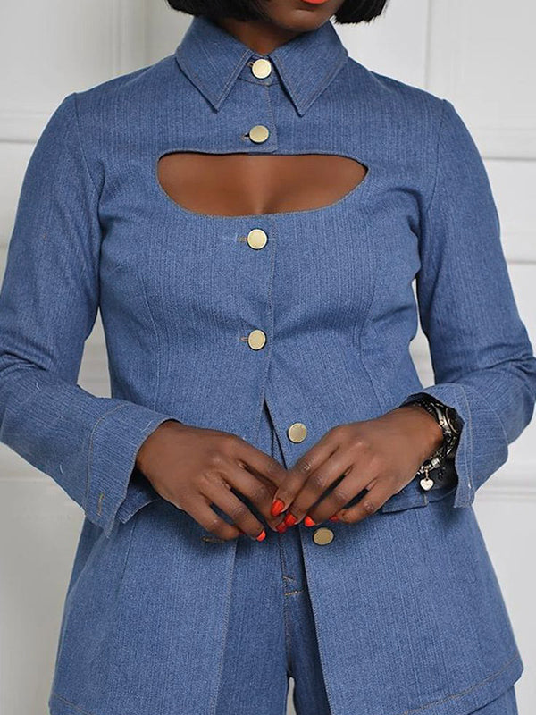 Long Sleeves Loose Buttoned Hollow Lapel Blouses&Shirts Tops