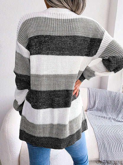 Long Sleeves Loose Contrast Color Split-Joint Cardigan Coats