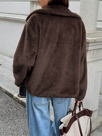 Long Sleeves Loose Buttoned Pockets Solid Color Split-Joint Lapel Outerwear