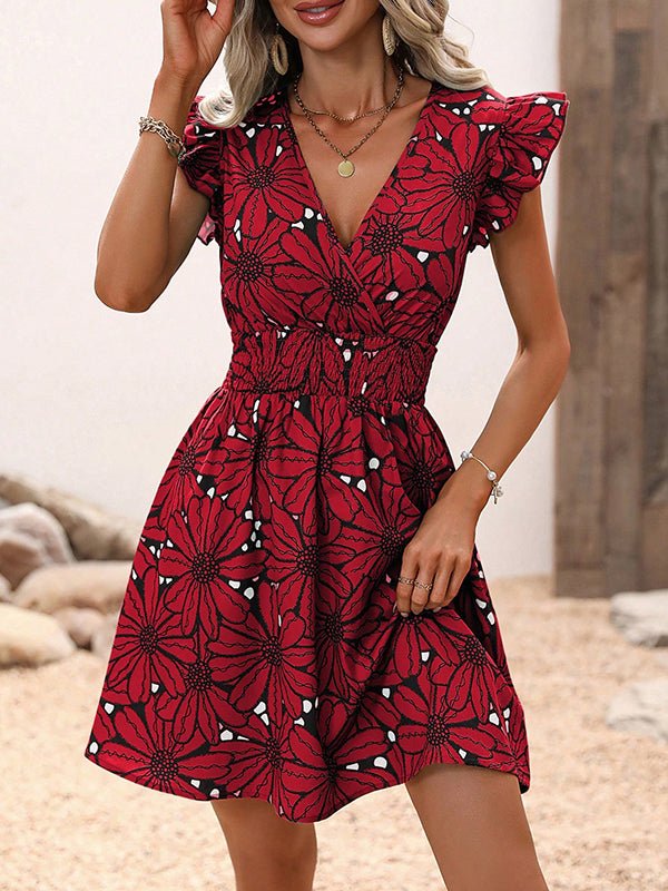 A-Line Loose Elasticity Flower Print V-Neck Mini Dresses