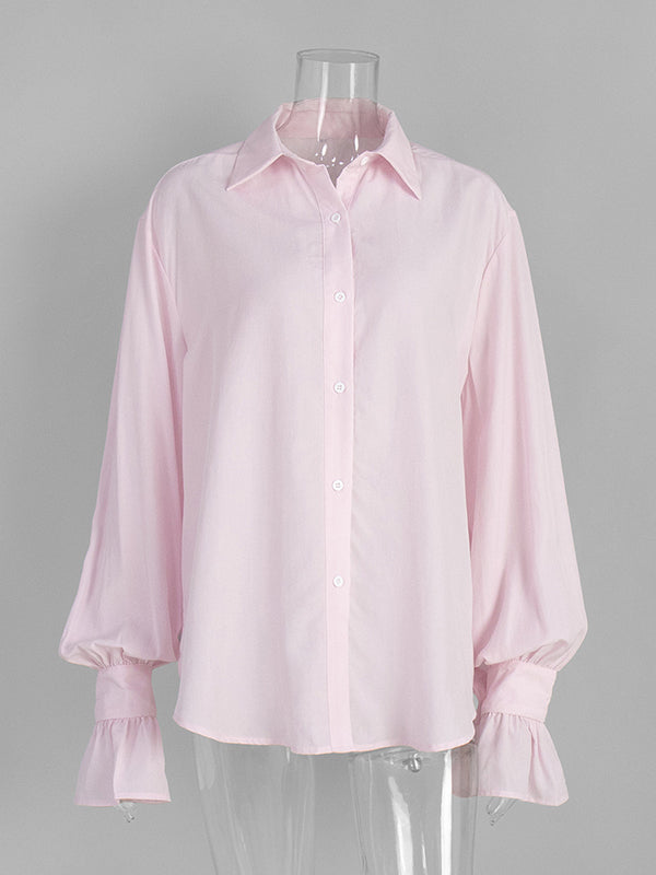 Loose Puff Sleeves Pleated Solid Color Split-Joint Lapel Blouses&Shirts Tops