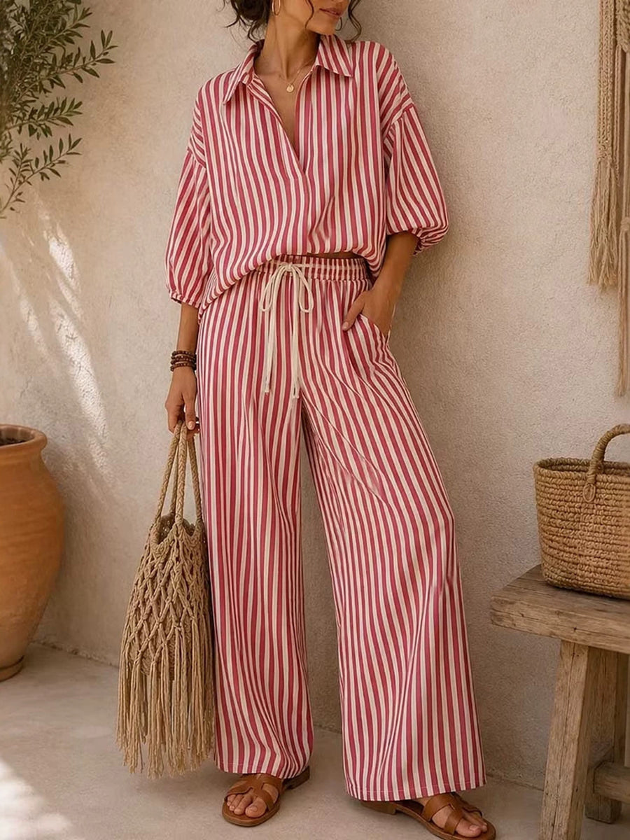 Loose Contrast Color Striped Long Sleeves Buttoned Lapel Blouses&shirts Tops + Drawstring Elasticity PocketsPants Trousers Two Pieces Set