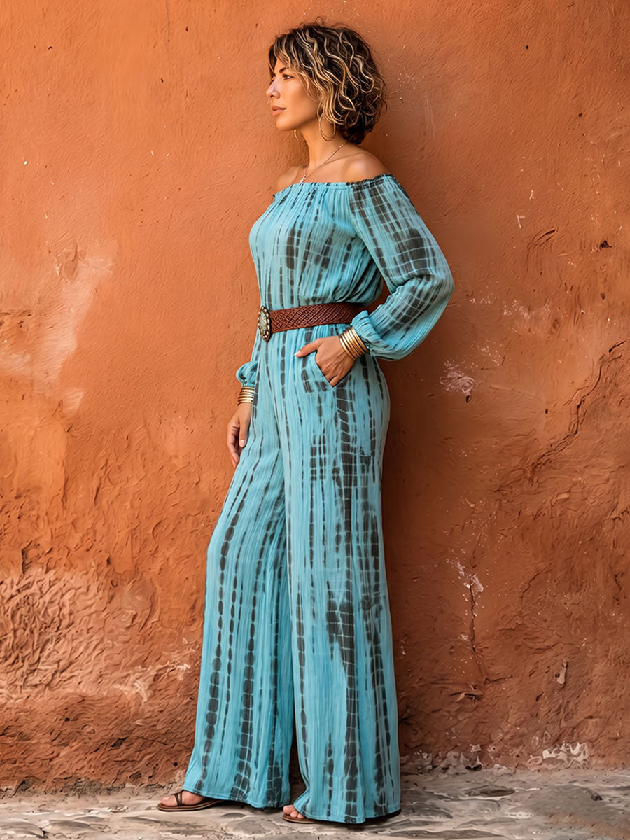 Printed Pockets Elasticity Contrast Color Belted Wide Leg Long Sleeves Off-the-shoulder Jumpsuits
