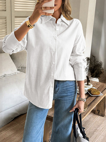 Long Sleeves Loose Buttoned Solid Color Lapel Blouses&Shirts Tops