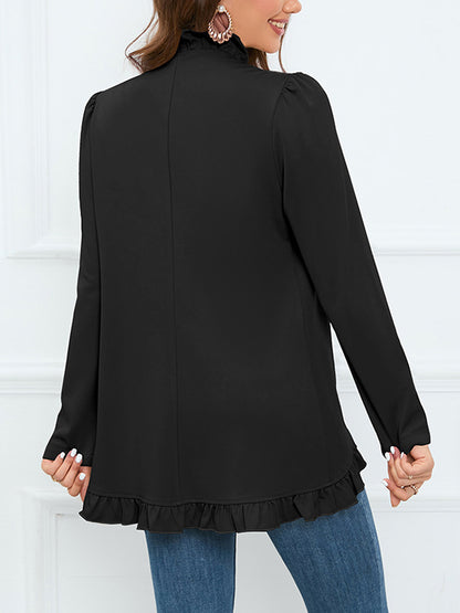 Long Sleeves Loose Buttoned Ruffled Collarless Outerwear
