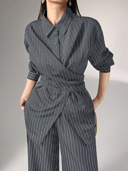 Striped Lapel Irregular Buttoned Wrap Tied Waist Blouse Tops + High Waist Wide Leg Trousers Bottoms Two Pieces Set