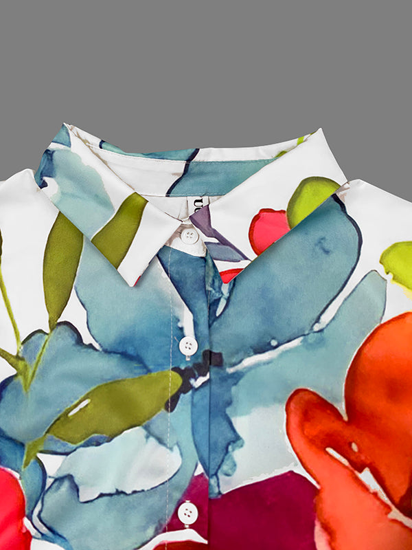 Long Sleeves Loose Buttoned Flower Print Lapel Maxi Dresses Shirt Dress