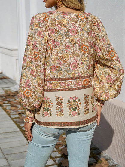 Long Sleeves Loose Contrast Color Drawstring Flower Print Pleated Split-Joint V-Neck Blouses&Shirts Tops