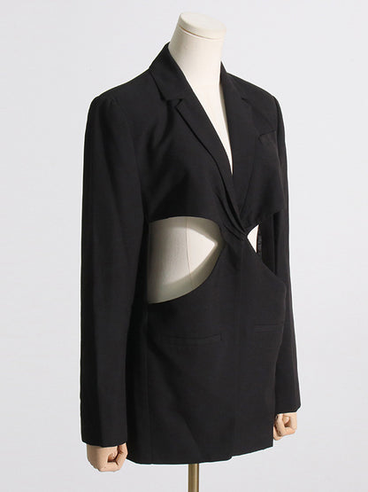 Long Sleeves Loose Hollow Knot Solid Color Notched Collar Blazer