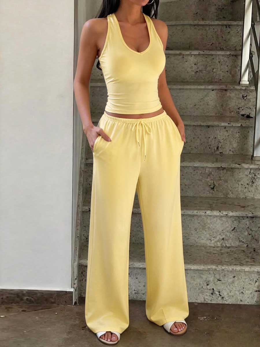 Solid Color U-neck Cropped Sleeveless Tank Tops + Drawstring Elasticity Pockets Trousers Bottoms Two Pieces Set