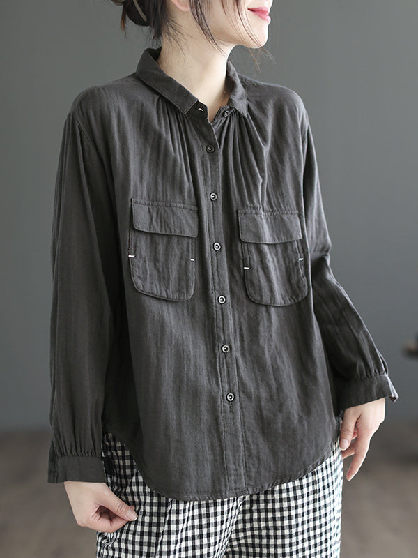 High-Low Long Sleeves Buttoned Pockets Lapel Blouses&Shirts Tops