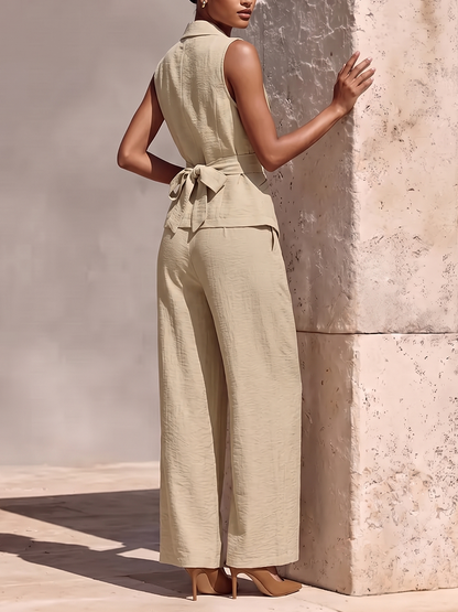 Solid Color Notched Collar Tied Sleeveless Vest Top + High Waisted Pockets Pants Trousers Two Pieces Set