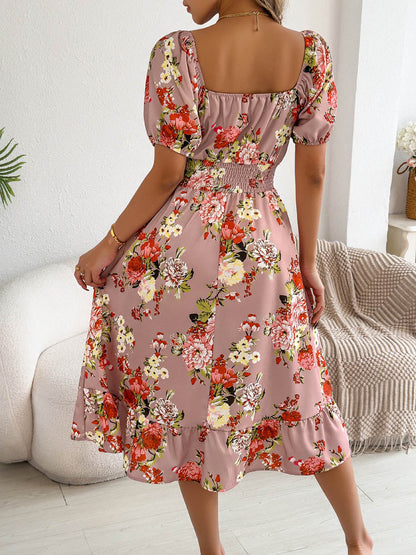 A-Line High Waisted Elasticity Floral Printed Pleated Ruffled Off-The-Shoulder Midi Dresses
