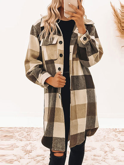 Long Sleeves Loose Buttoned Plaid Lapel Outerwear