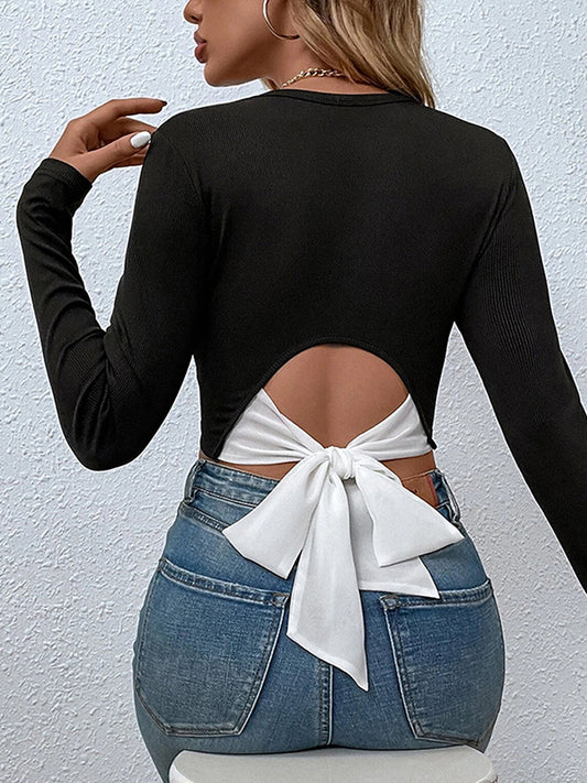 Long Sleeves Skinny Bowknot Round-Neck T-Shirts Tops