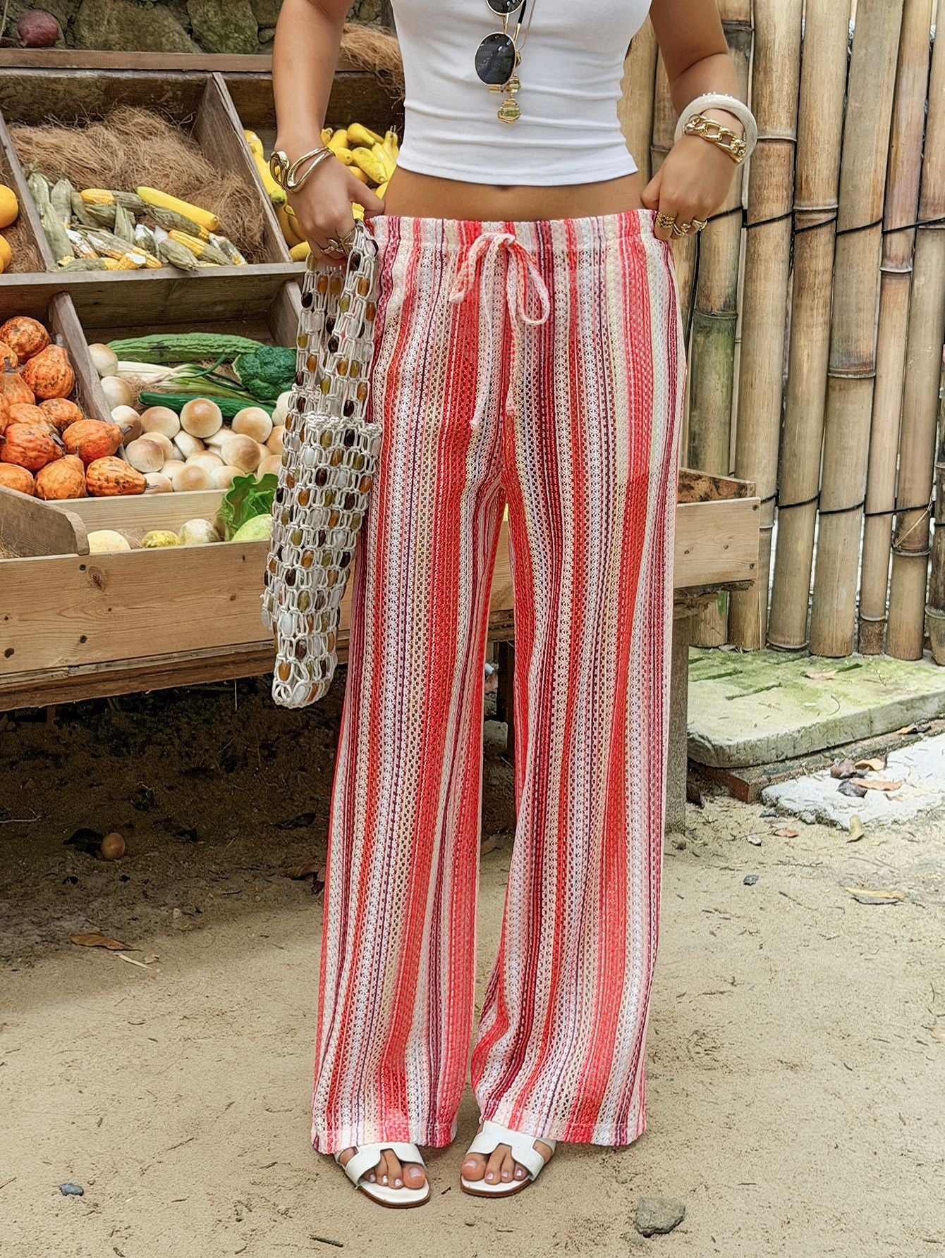Striped Pockets Hollow Drawstring Contrast Color Wide Leg Loose Trousers Pants