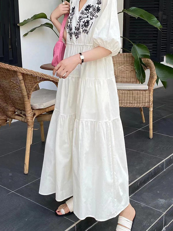 Bishop Sleeve Loose Embroidered Pleated V-Neck Midi Dresses
