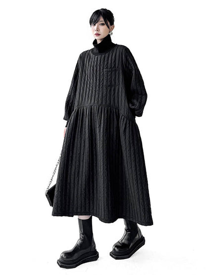A-Line Long Sleeves Embossed Pockets Quilted Solid Color Split-Joint High Neck Midi Dresses Sweater Dresses