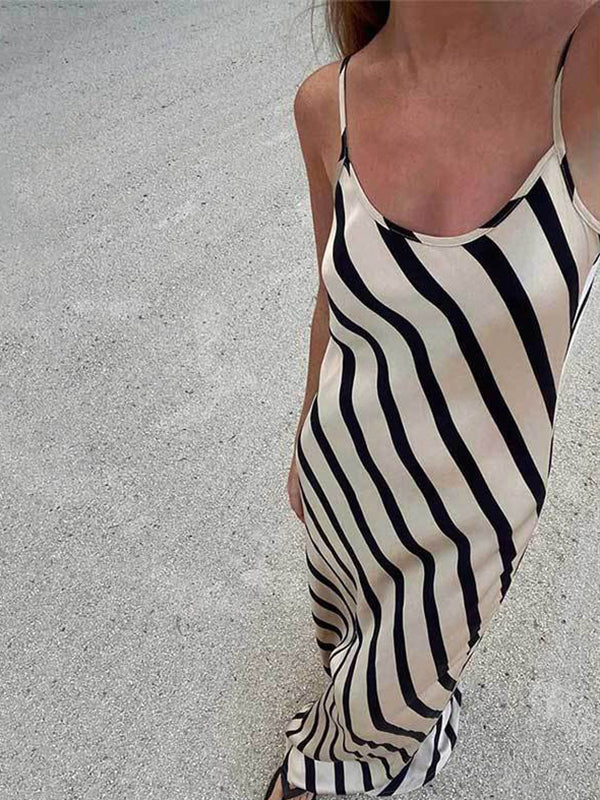 High Waisted Loose Striped Spaghetti-Neck Maxi Dresses