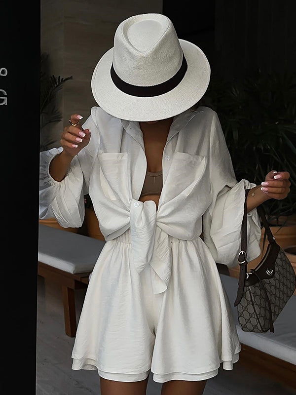 Solid Color Long Sleeves Loose Buttoned Elasticity Pockets Lapel Shirts Top + Shorts Bottom Two Pieces Set
