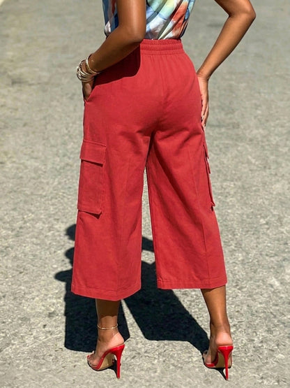 High Waisted Loose Elasticity Pockets Solid Color Pants Trousers