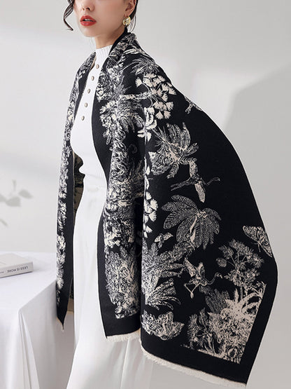 Contrast Color Floral Tasseled Shawl&Scarf
