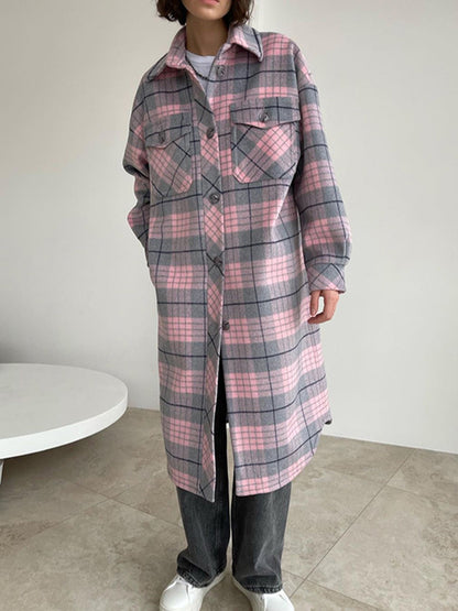 Long Sleeves Loose Plaid Pockets Lapel Woolen Coat