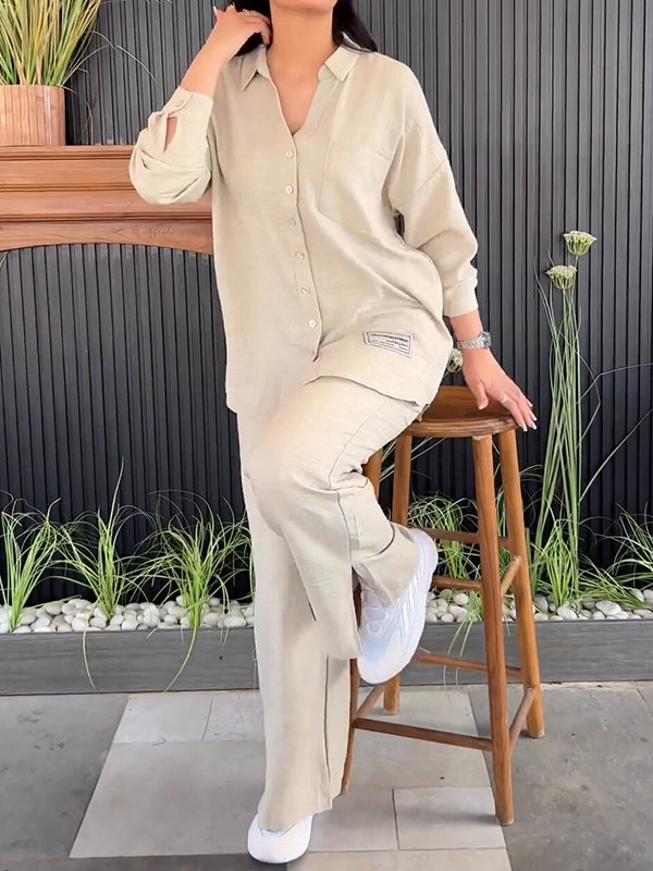 Solid Color Long Sleeves Buttoned Lapel Shirts Top + Split-Side High Waisted Pants Bottom Two Pieces Set