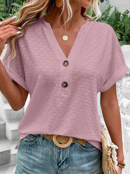 Loose Plus Size Buttoned Jacquard Split-Joint V-Neck T-Shirts Tops