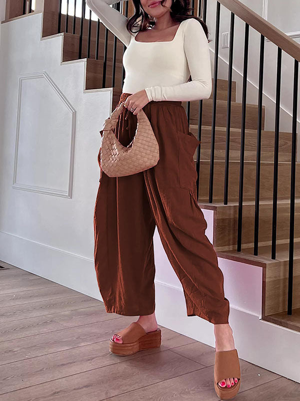 High Waisted Loose Drawstring Elasticity Pleated Pockets Solid Color Ninth Pants Trousers