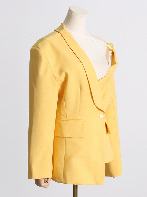 Long Sleeves Loose Asymmetric Buttoned Hollow Solid Color Tied Asymmetric Collar Blazer
