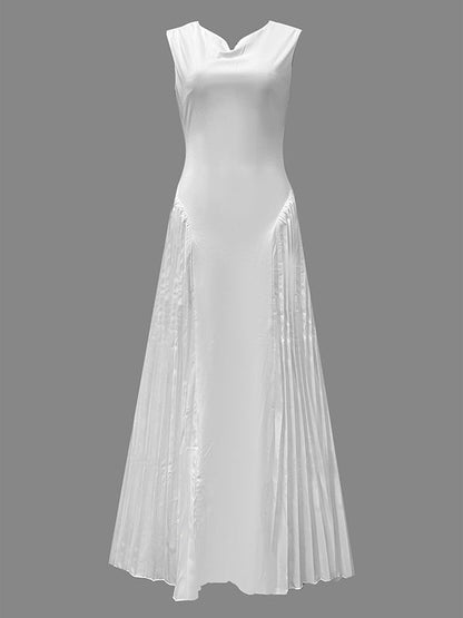 A-Line Loose Pleated Solid Color V-Neck Maxi Dresses