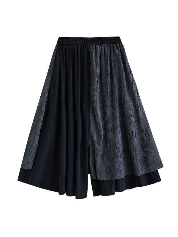 High Waisted Loose Elasticity Jacquard Pleated Pockets Culotte Wide Leg Pants