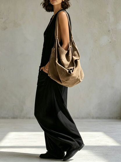 Sleeveless Wide Leg Buttoned Pockets Solid Color V-Neck Jumpsuits