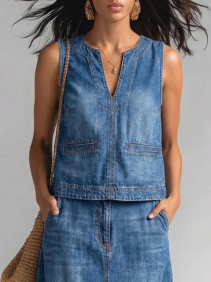 Loose Sleeveless Solid Color V-Neck Vest Top